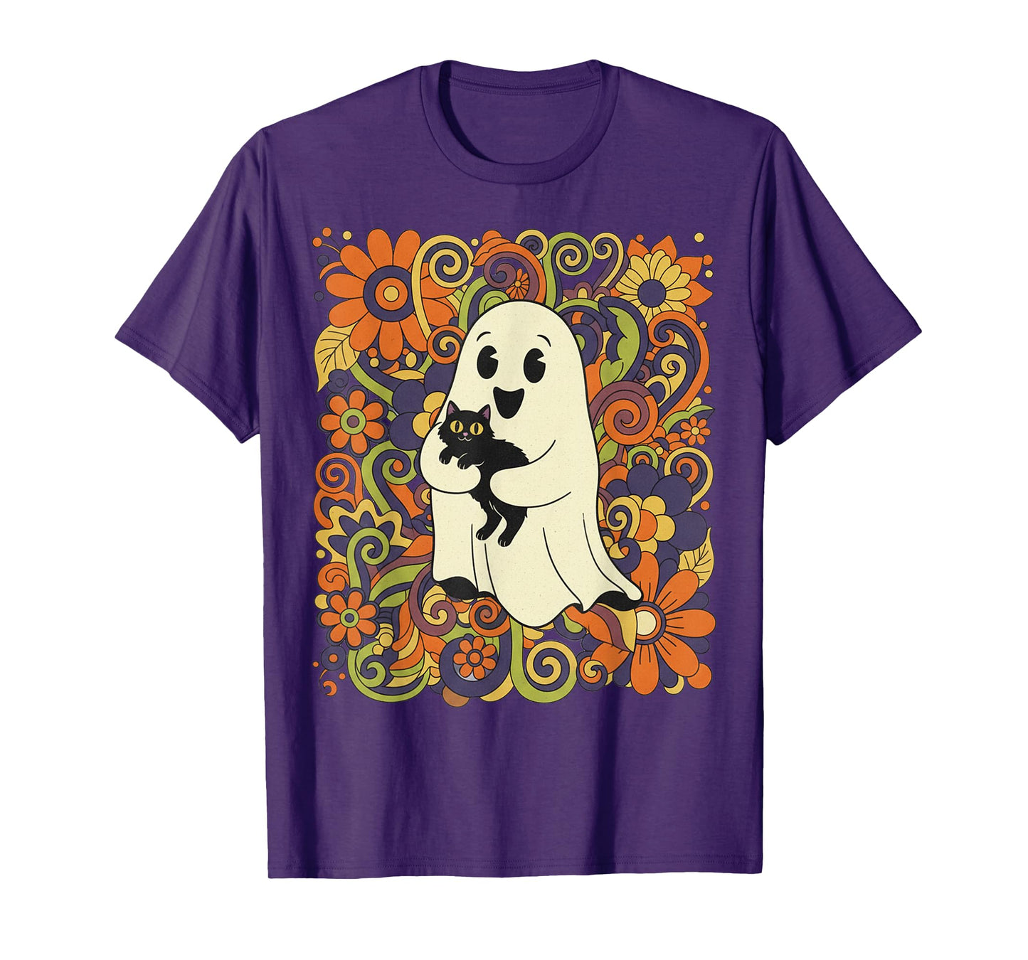 Groovy Floral Ghost Holding Black Cat Vintage Halloween T-Shirt