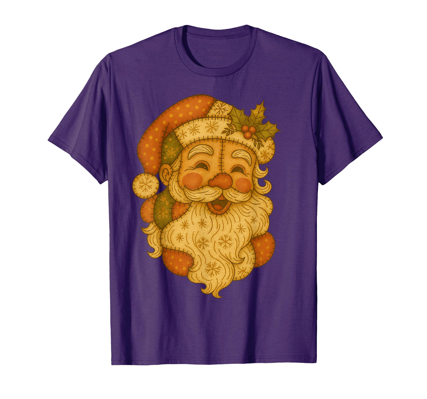 Patchwork Santa Claus Face Vintage Christmas Folk Art T-Shirt