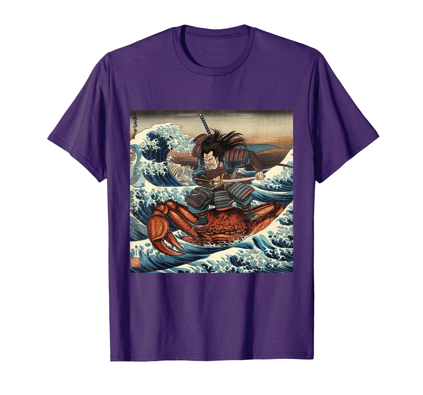 Japanese Retro Samurai Riding Giant Sea Crab Great Wave Art T-Shirt