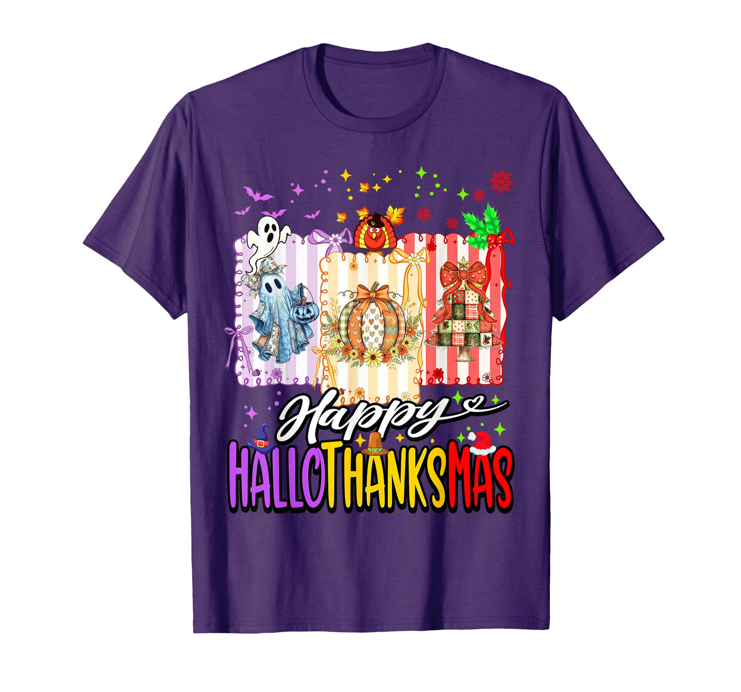 Happy Hallothanksmas Halloween Ghost Pumpkin Xmas Pine Tree T-Shirt