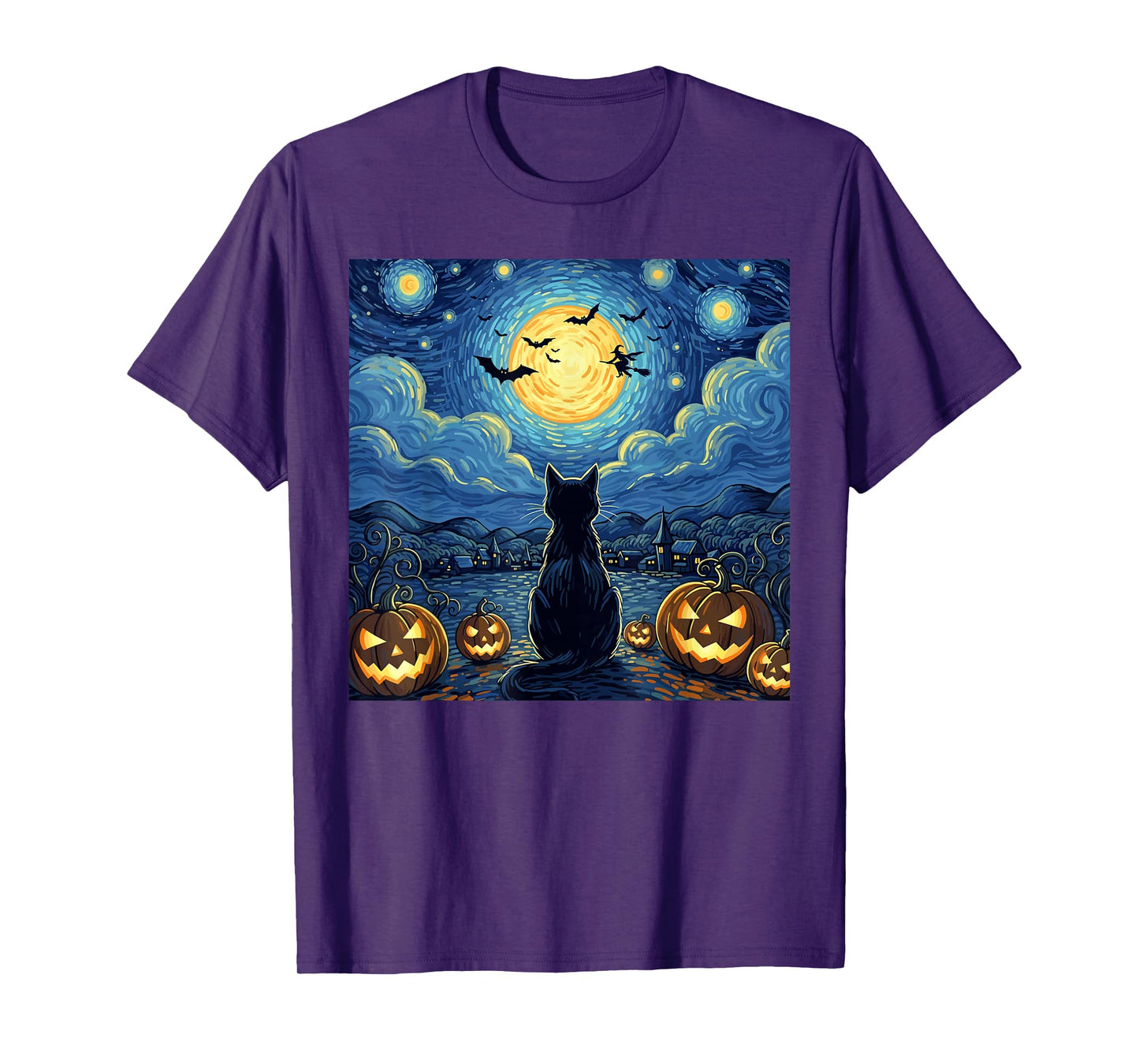 Halloween Black Cat Starry Night Witch Pumpkin Moon T-Shirt