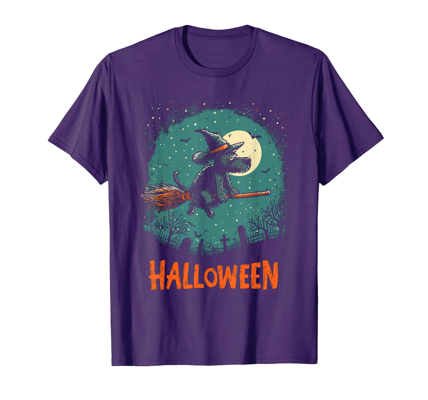 Scruffy Witch Dog & Moon Halloween Scene T-Shirt