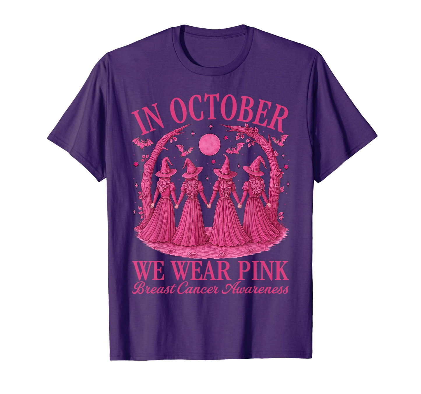 in October We Wear Pink Halloween Pink Witch Breast Cancer T-Shirt