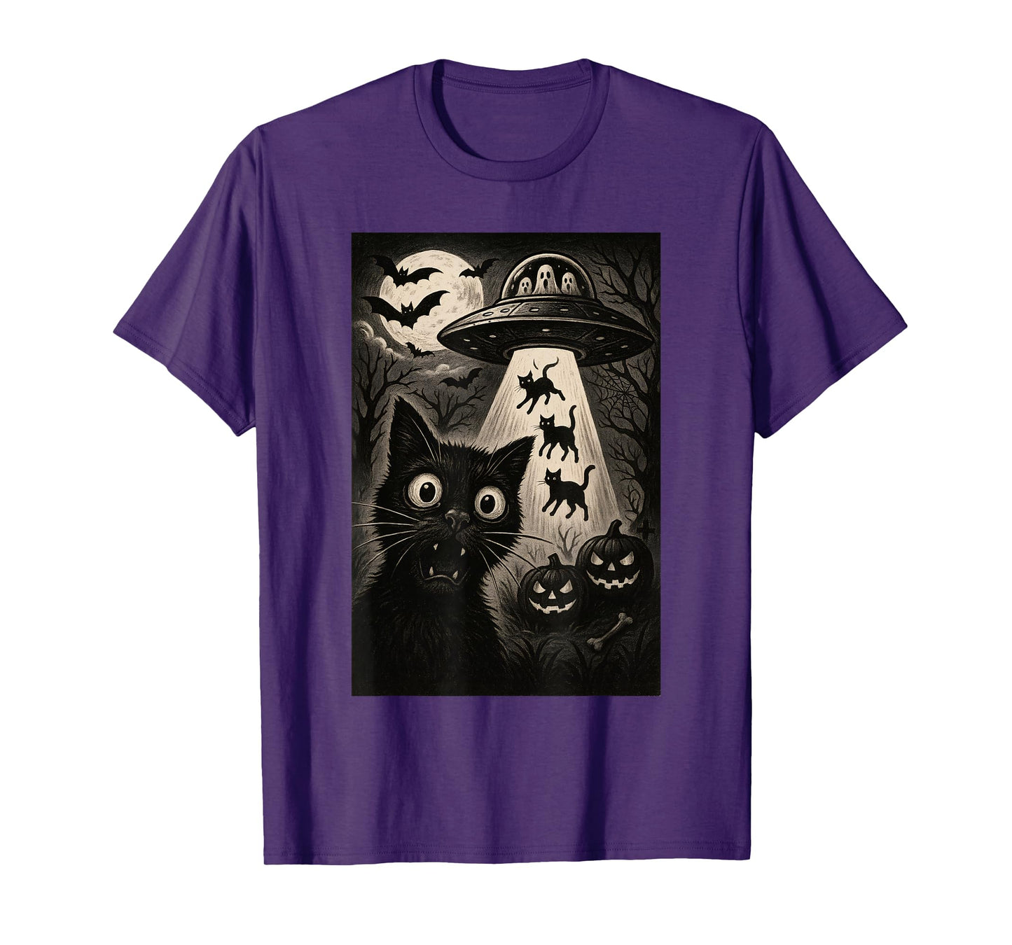 Halloween Cat Selfie Spooky Night Alien Abduction Cats UFO T-Shirt