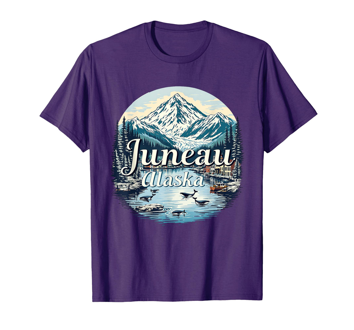 Vintage Juneau Alaska Sunset Skyline Mountains Cityscape T-Shirt