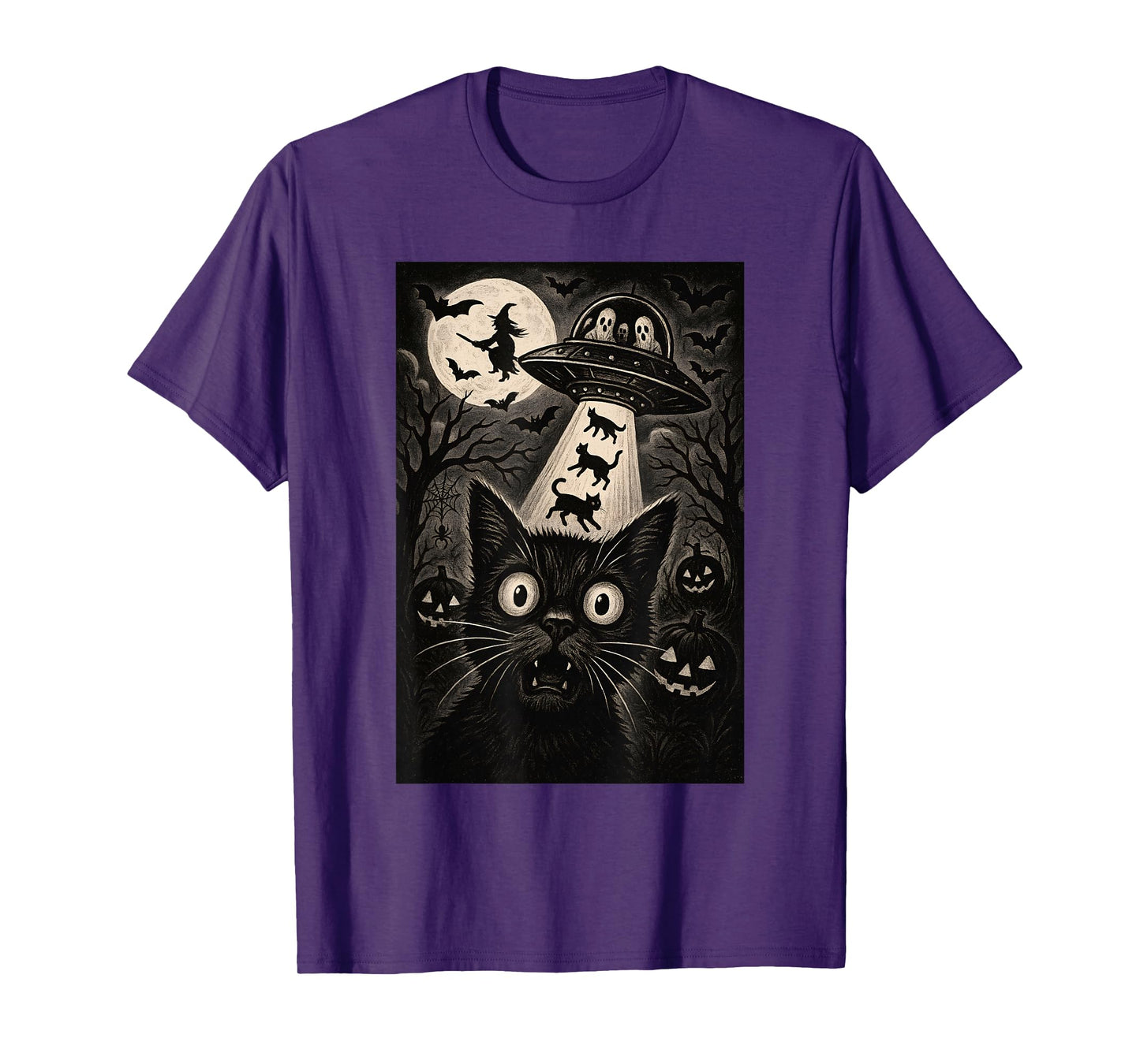 Halloween Cat Selfie Scary Alien Abduction Cats UFO Flying T-Shirt