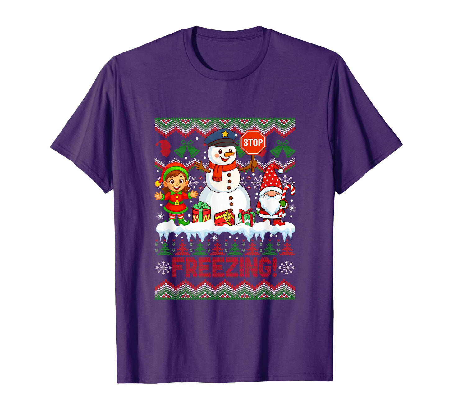 Freezing Christmas Sweater Gnome Elf Snowman Warning Sign T-Shirt