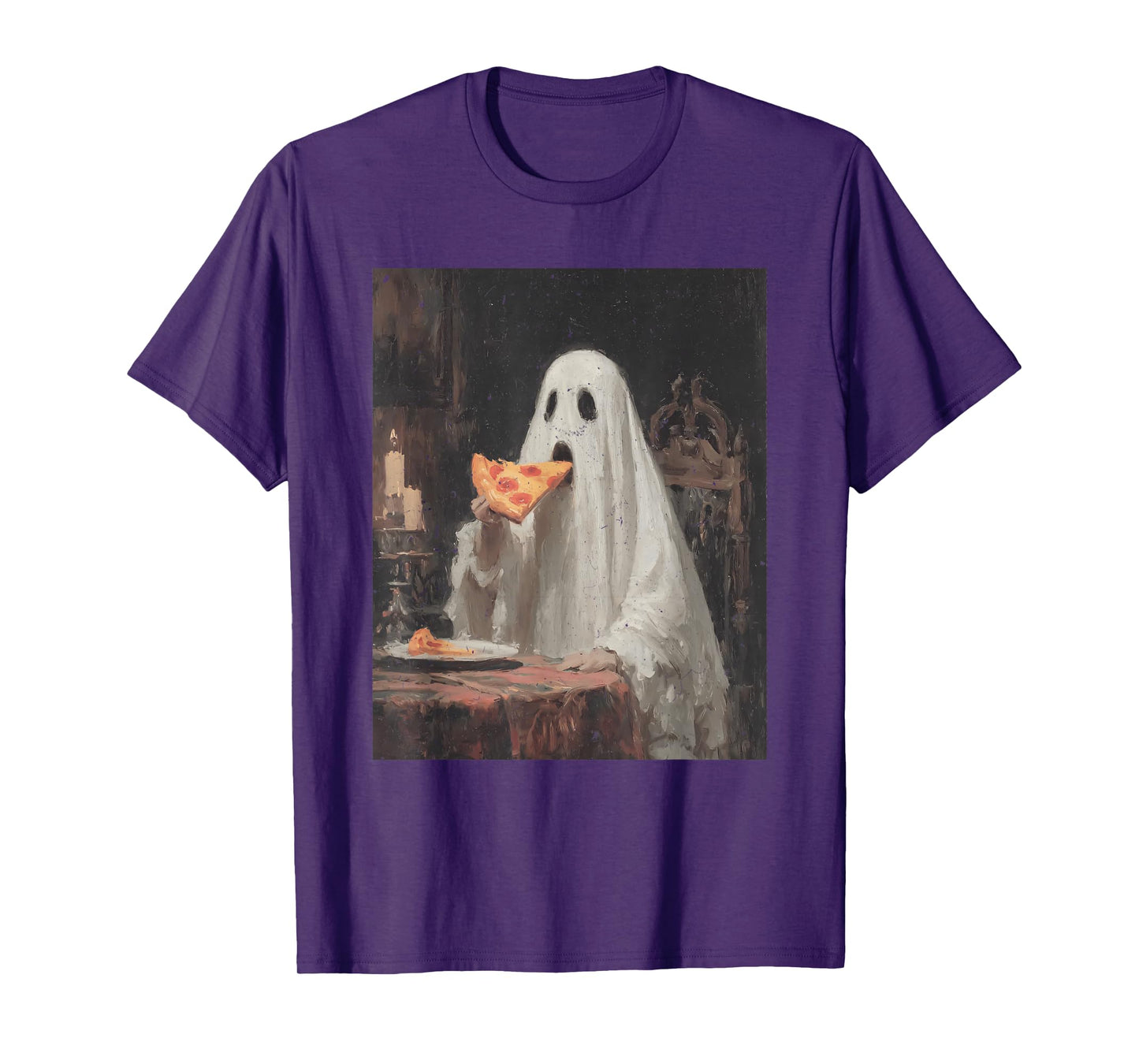 Funny Ghost Eating Pizza Retro Halloween Spooky Season T-Shirt