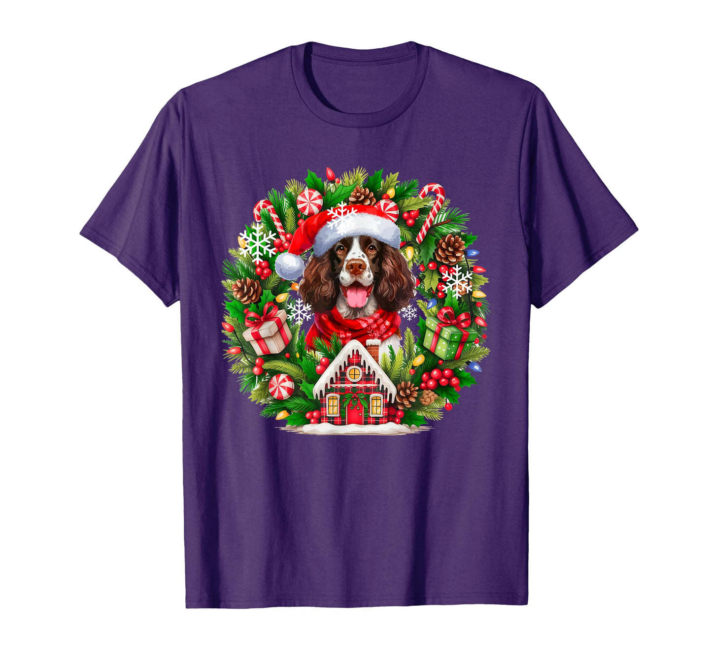 Santa English Springer Spaniel Christmas Floral Circle Owner T-Shirt