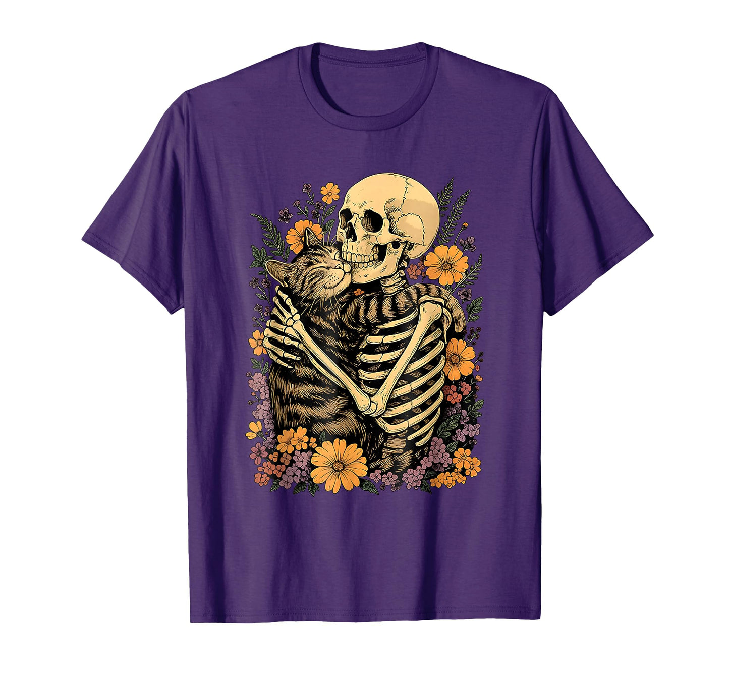 Floral Skeleton Hugging Cat Halloween Cat Lover Cat Mom T-Shirt