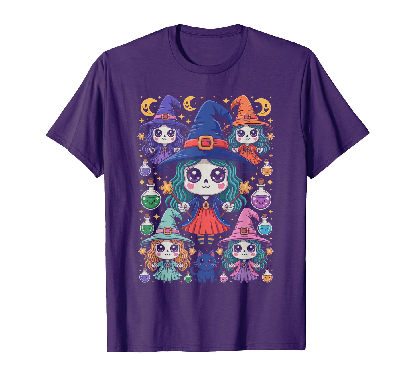 Kawaii Witches Group Potions Stars and Moons Halloween T-Shirt