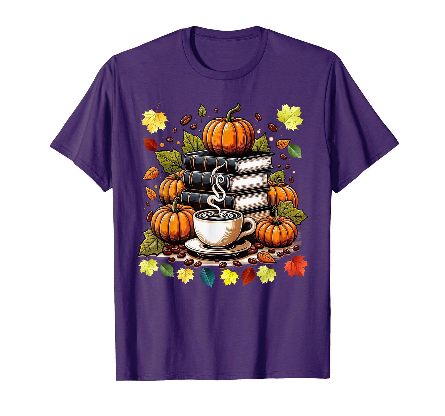 Books Coffee Fall Leaves and Pumpkins Vintage Library T-Shirt