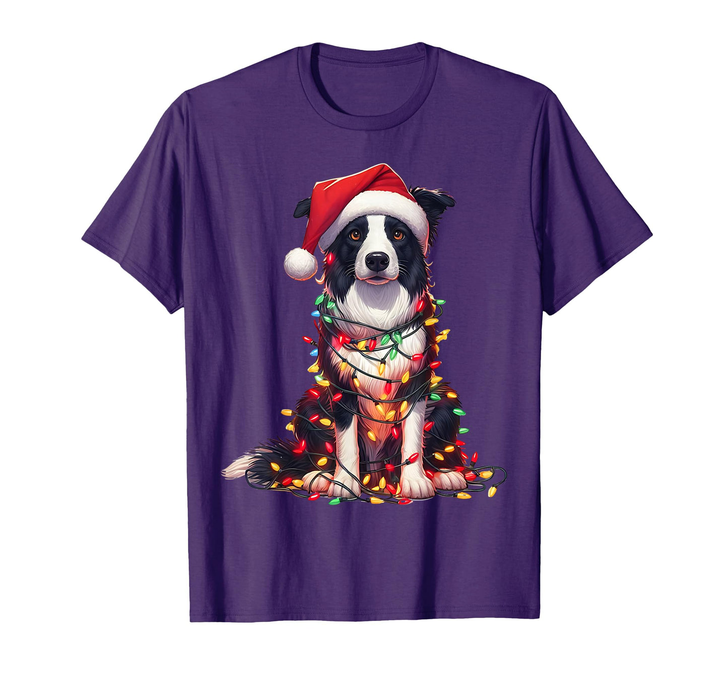 Border Collie Dog Christmas Lights Santa Hat Dog Lover T-Shirt