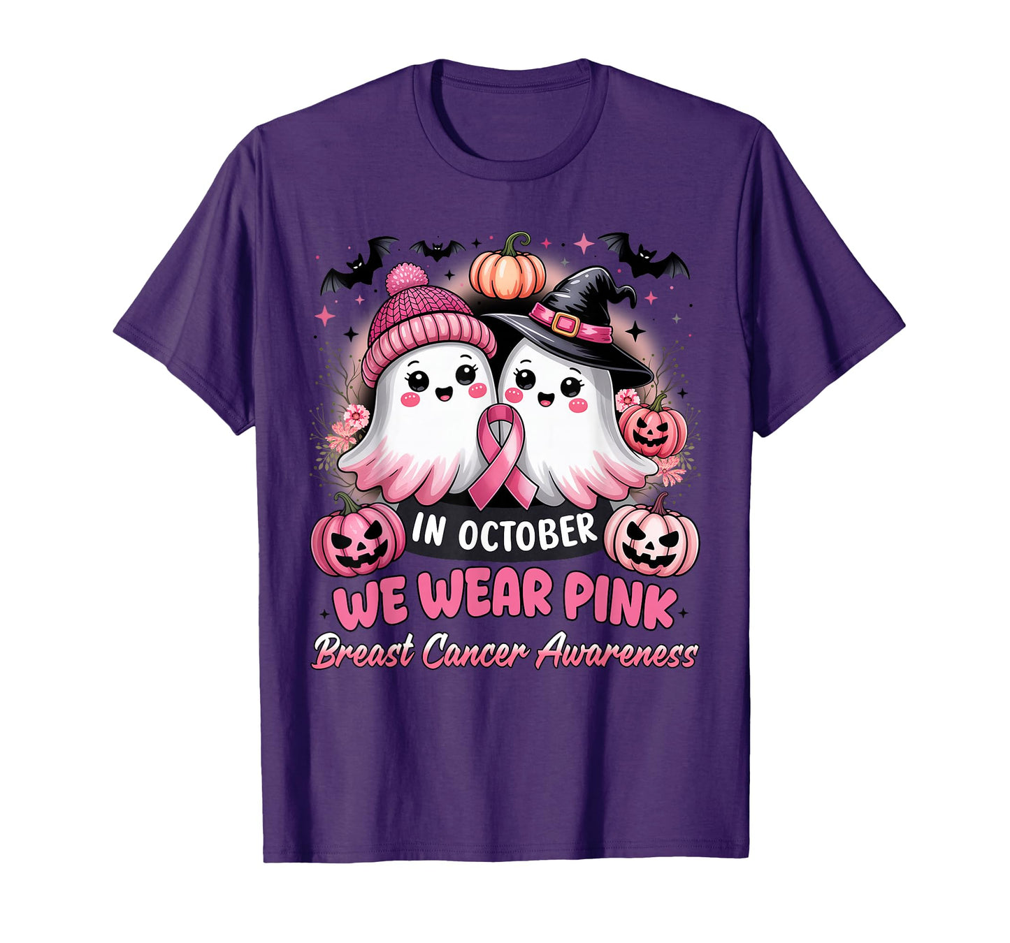in October We Wear Pink Ghost Witch Breast Cancer Awareness T-Shirt