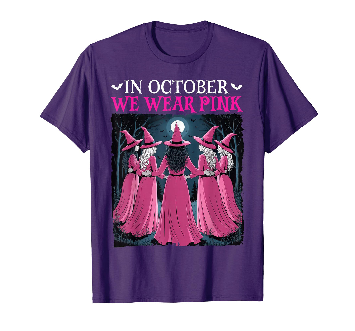in October We Wear Pink Witch Halloween Breast Cancer Women T-Shirt