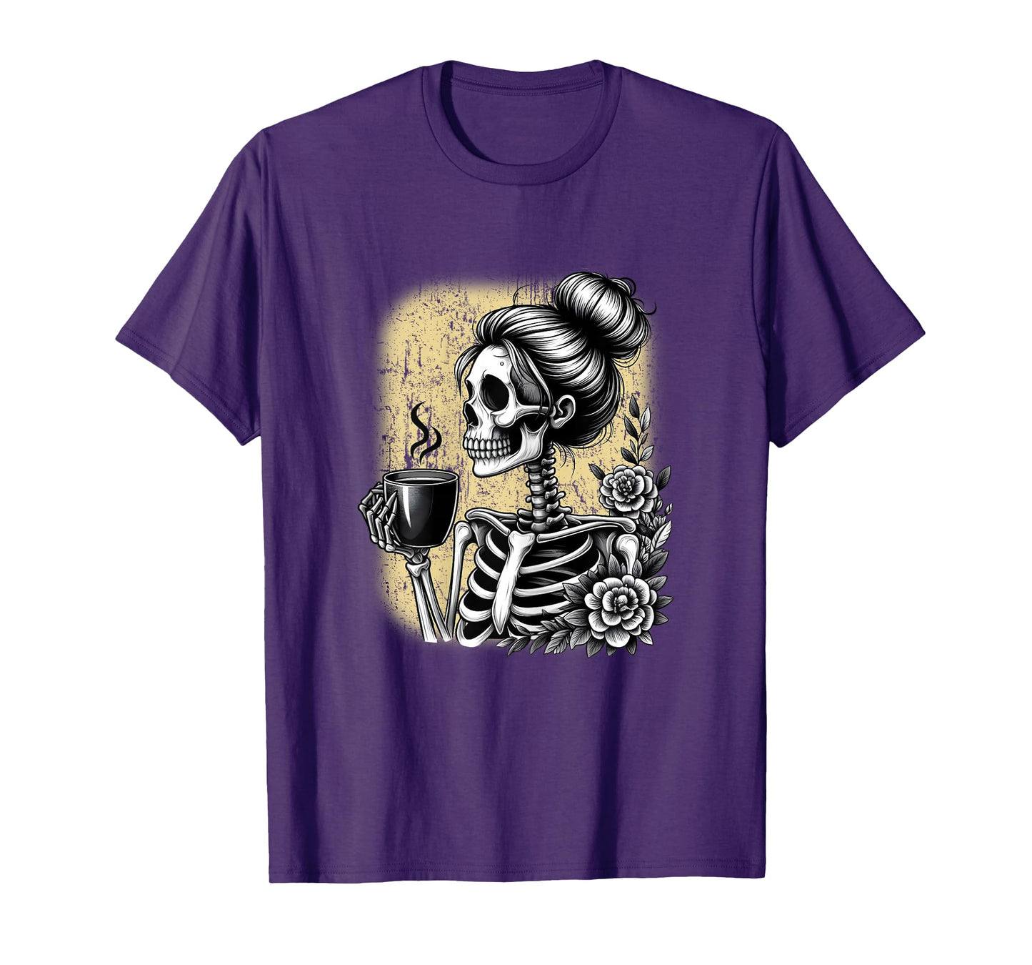 Messy Bun Skeleton Drinking Coffee Vintage Halloween Funny T-Shirt