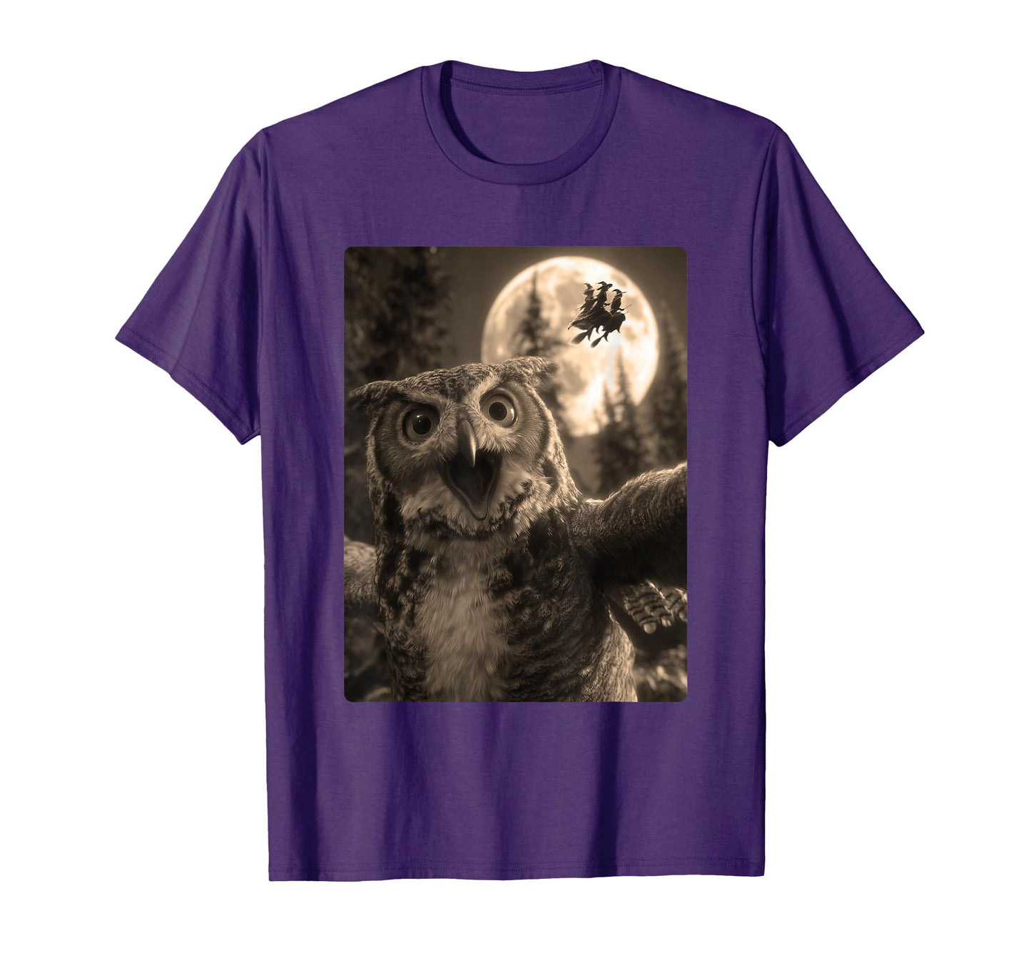 Funny Owl Selfie Full Moon Flying Witches Forest Halloween T-Shirt