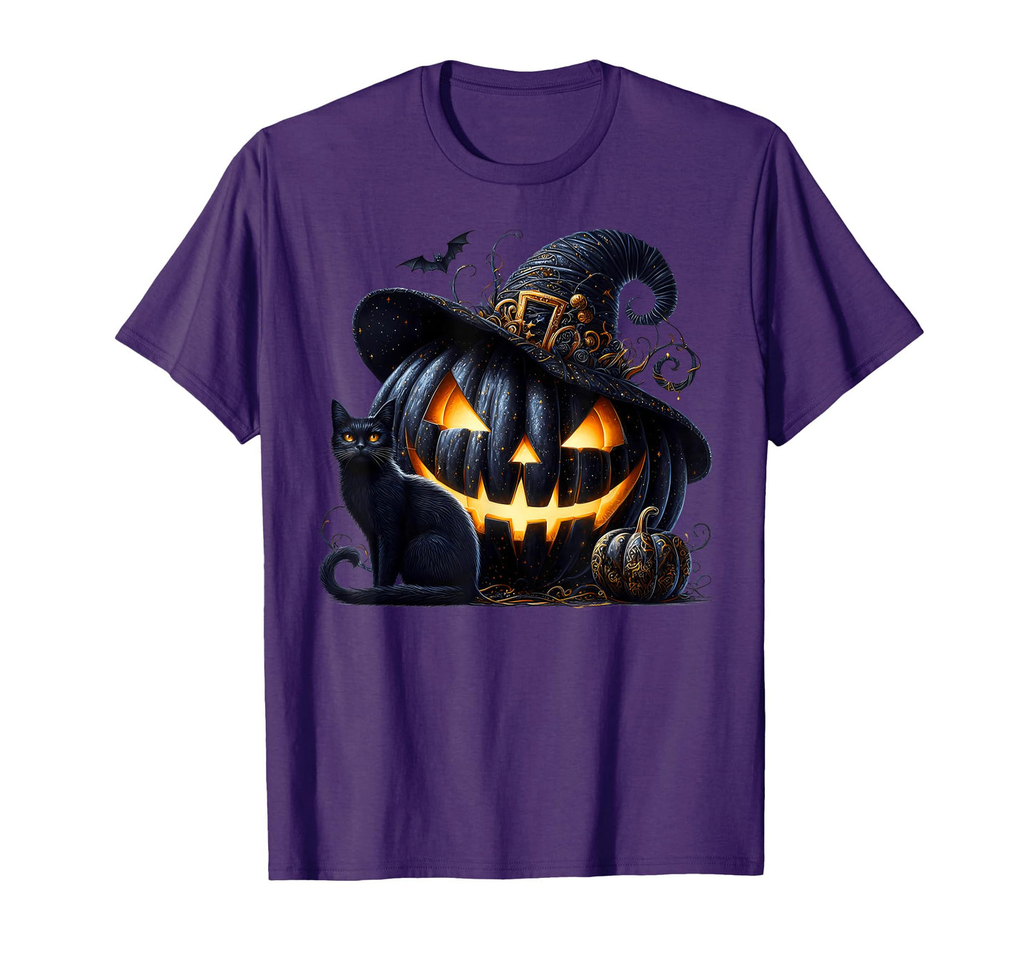 Black Pumpkin Face in Witch Hat with Witchy Halloween Cat T-Shirt