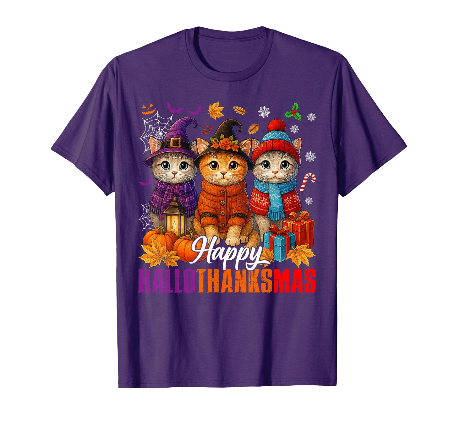 Happy Hallothanksmas Cats Halloween Thanksgiving Christmas T-Shirt