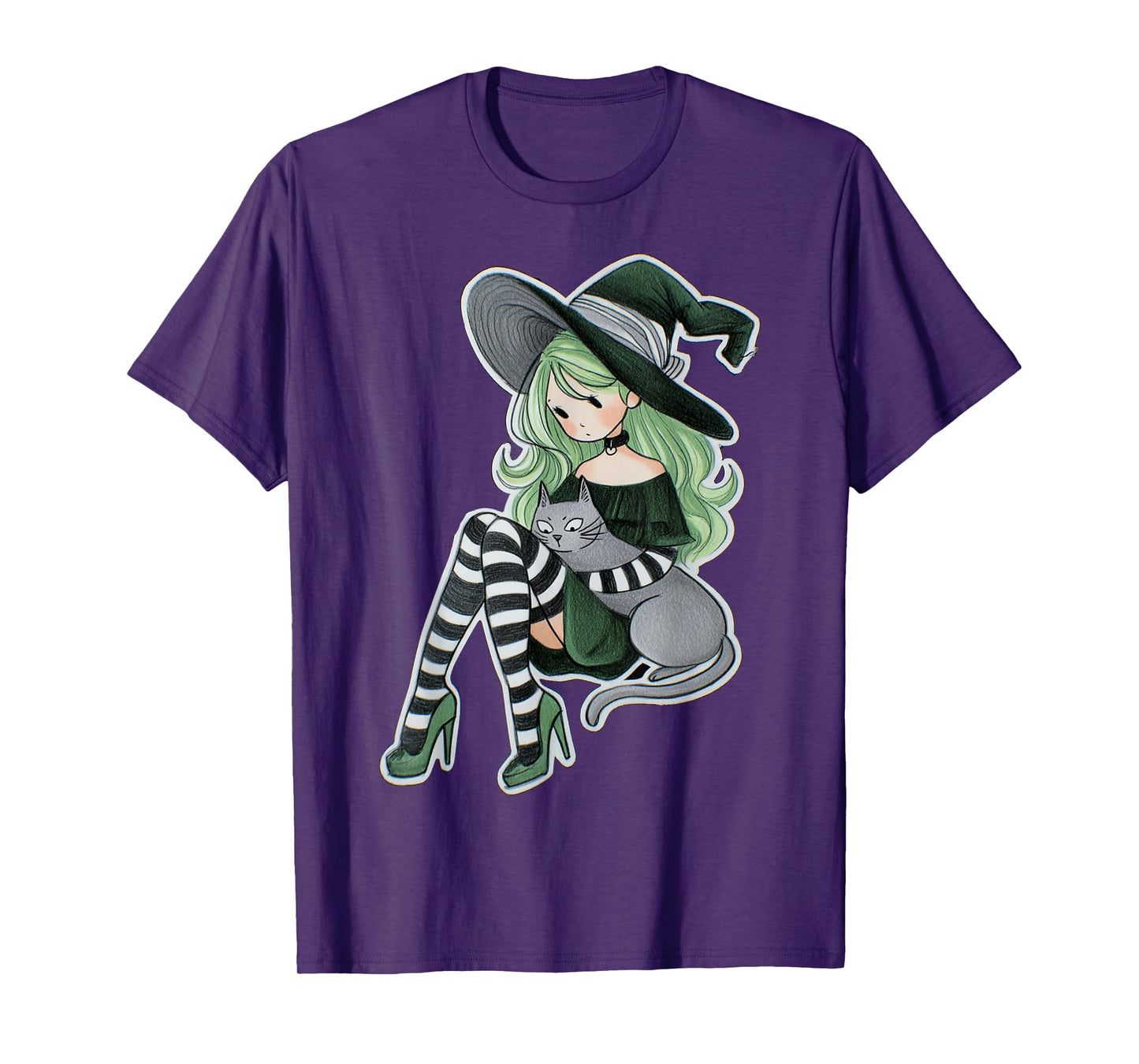 Sexy Witch Green Hair Black White Stockings Cat Halloween T-Shirt