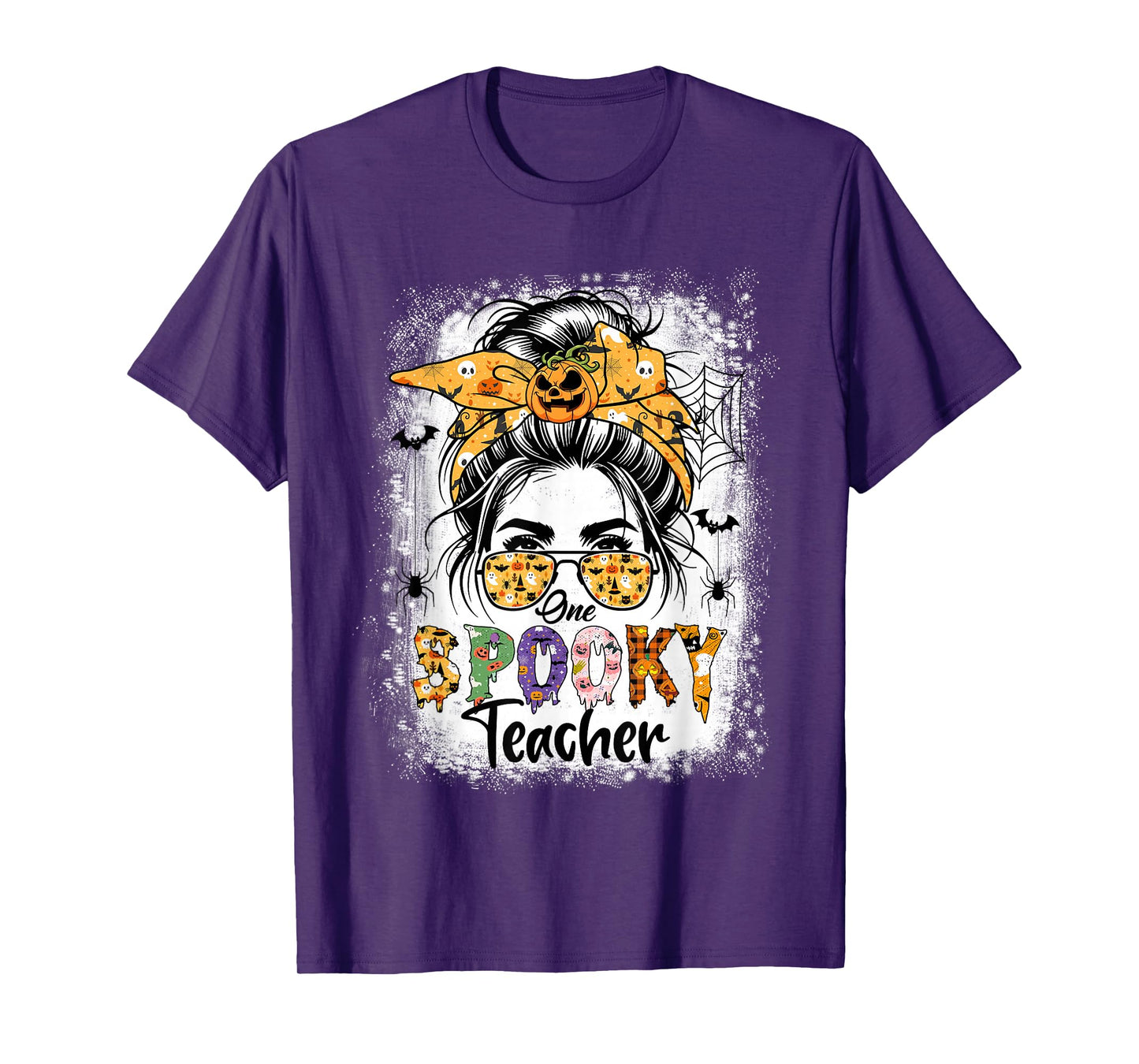One Spooky Teacher for Halloween Messy Bun Mom Bleached T-Shirt