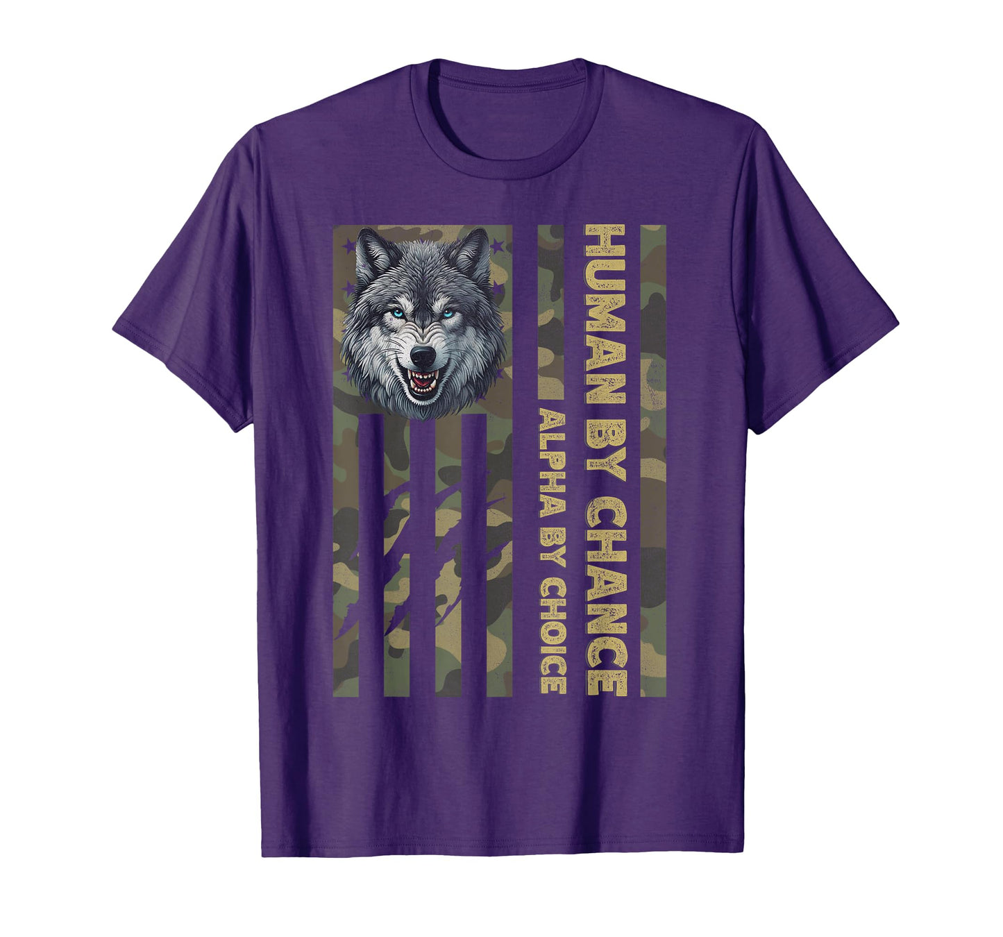 Funny Alpha Wolf Meme Human By Chance Camo American Flag USA T-Shirt