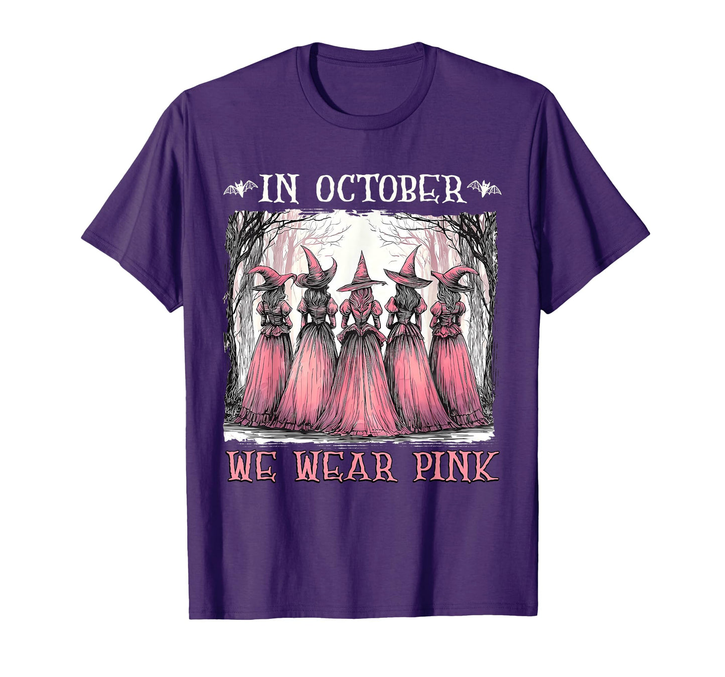 in October We Wear Pink Witch Halloween Breast Cancer T-Shirt