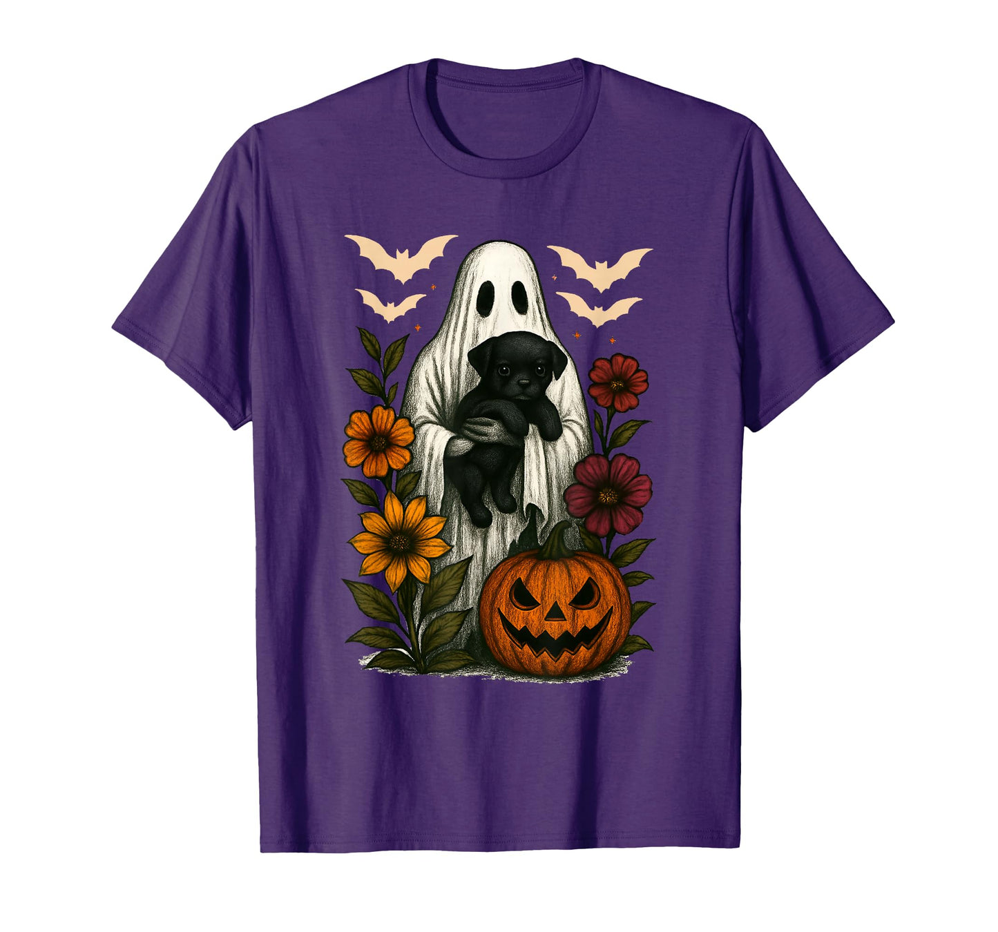 Floral Ghost Black Dog Coquette Funny Halloween Design T-Shirt