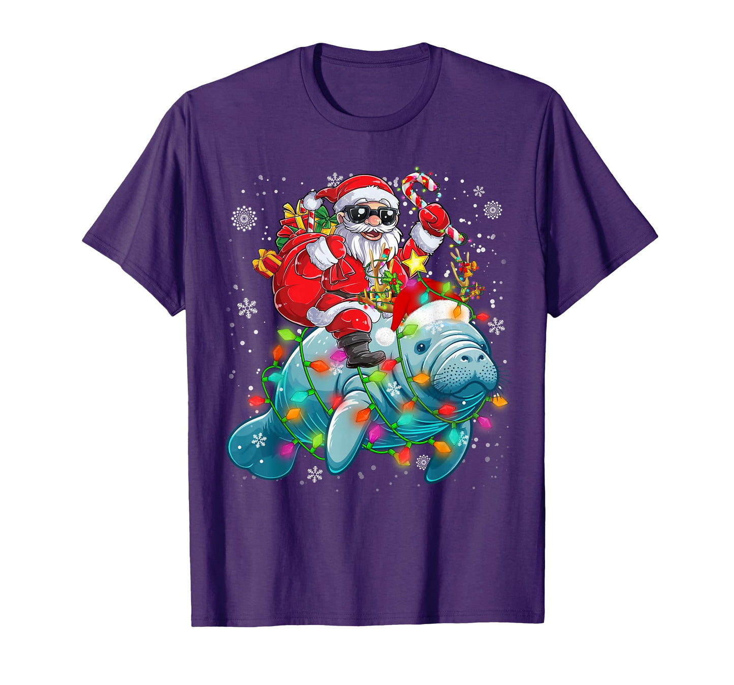 Santa Riding Manatee Reindeer Christmas Lights Sea Animal T-Shirt
