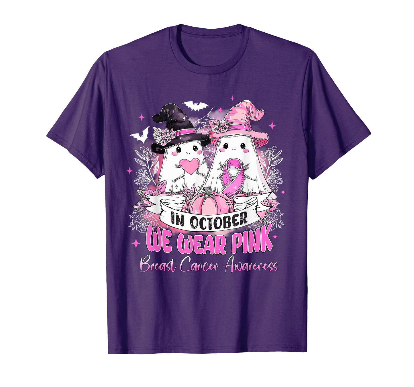 in October We Wear Pink Ghost Witch Breast Cancer Awareness T-Shirt