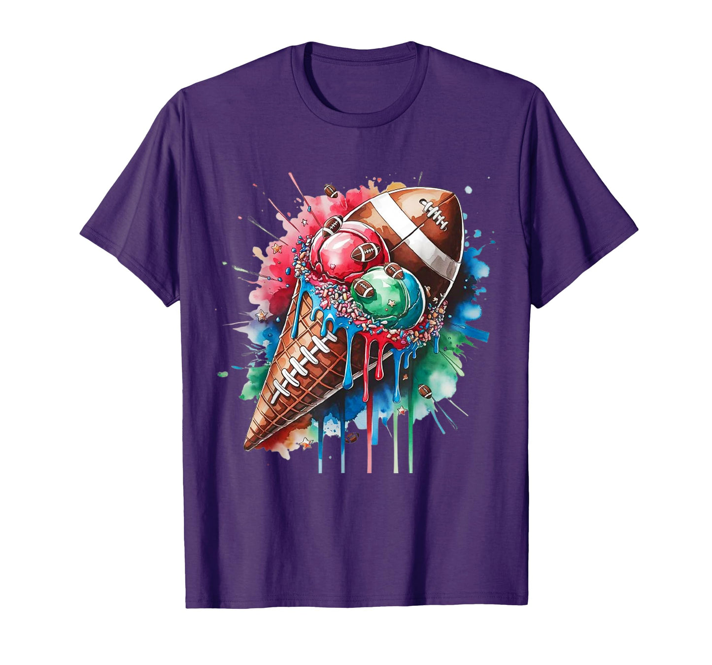 Football Drip Ice Cream Watercolor Cone with Sprinkles T-Shirt