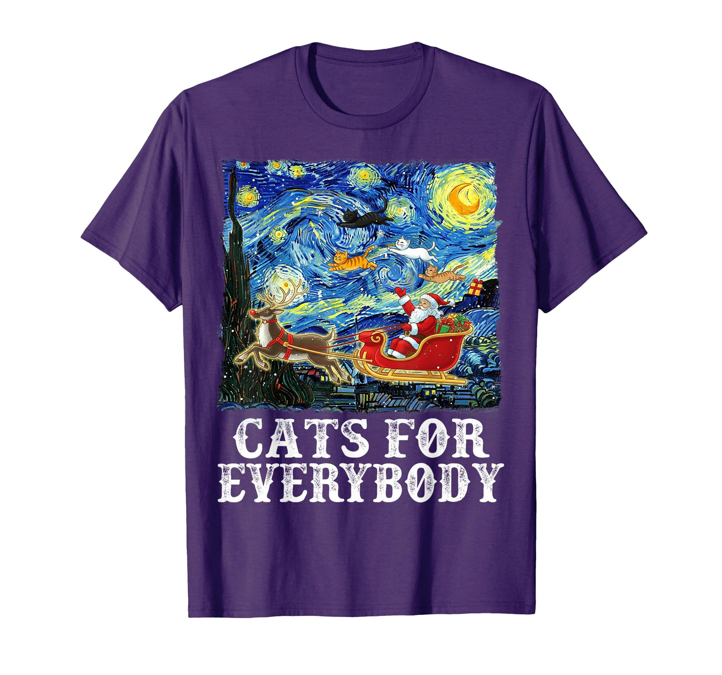 Christmas Santa Sleigh Cats for Everybody Starry Night Xmas T-Shirt