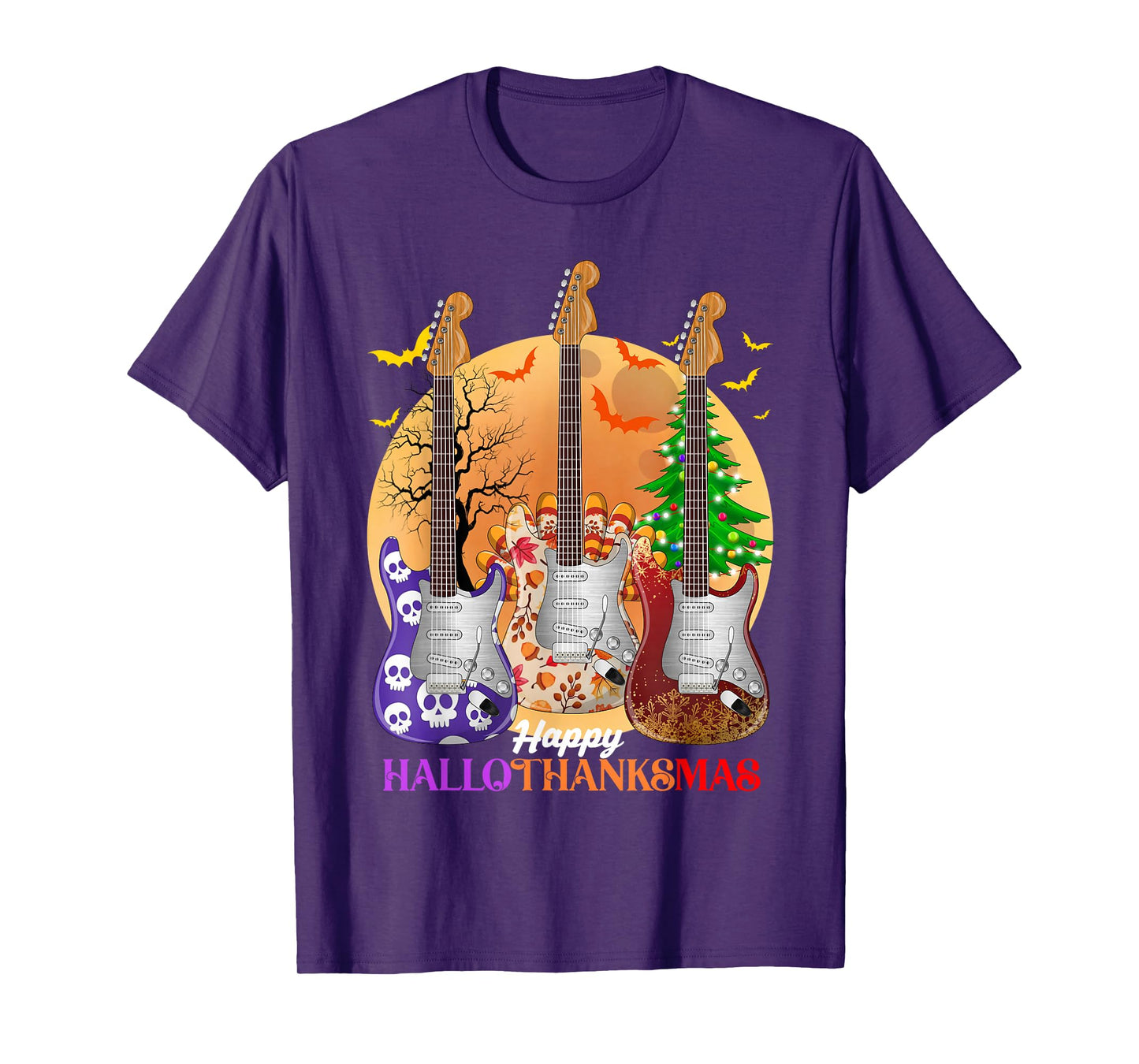 Happy HalloThanksMas Guitar Halloween Thanksgiving Christmas T-Shirt