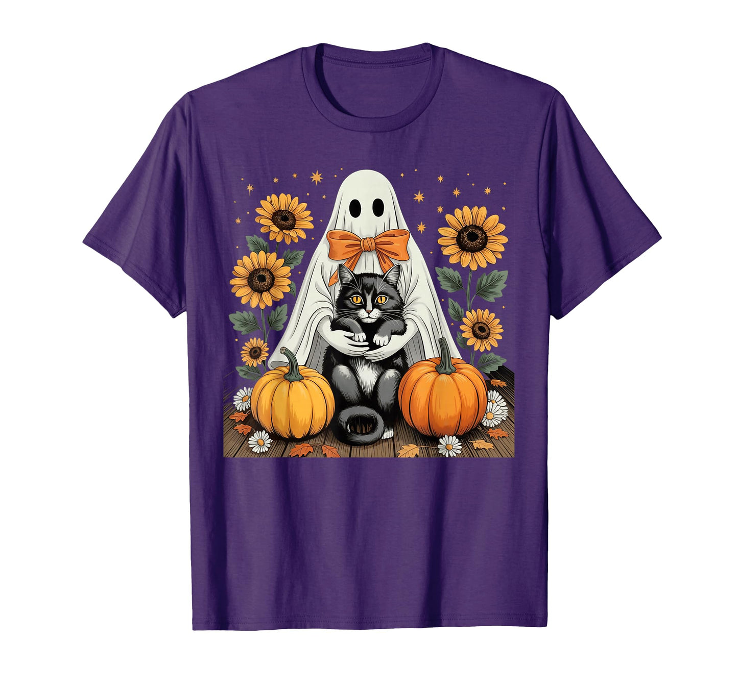 Womens Halloween Ghost Black Cat Ghost Halloween Girls T-Shirt