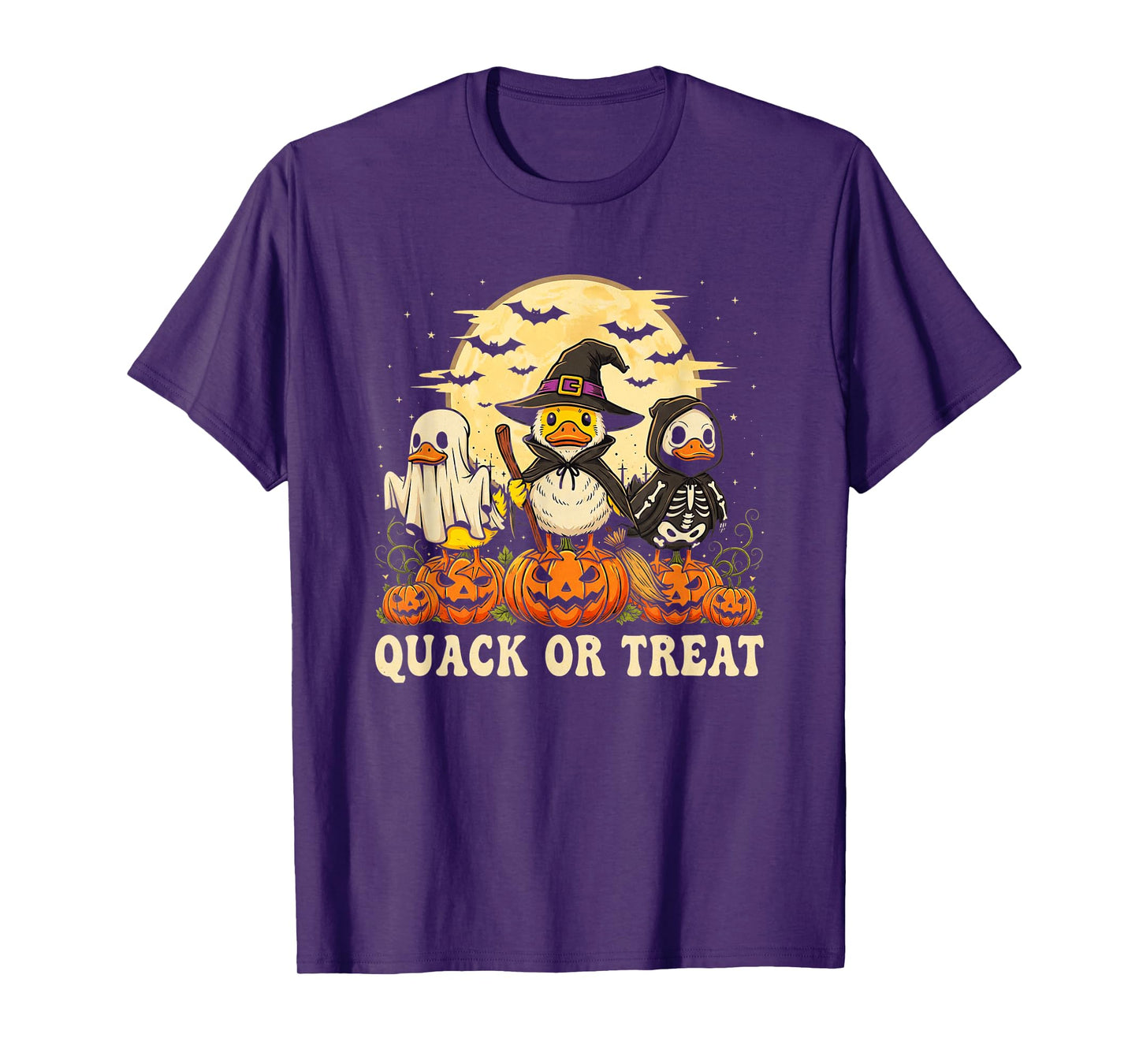 Quack Or Treat Funny Duck Halloween Witch Ghost & Skeleton T-Shirt