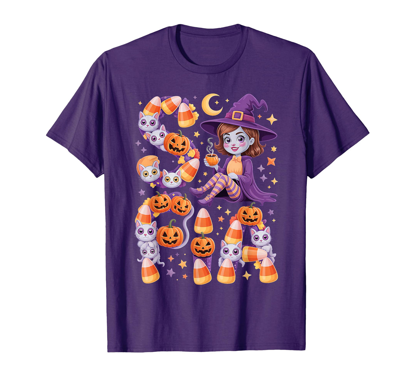 Sofia Witch Candy Corn Cat Halloween Women and Girls T-Shirt