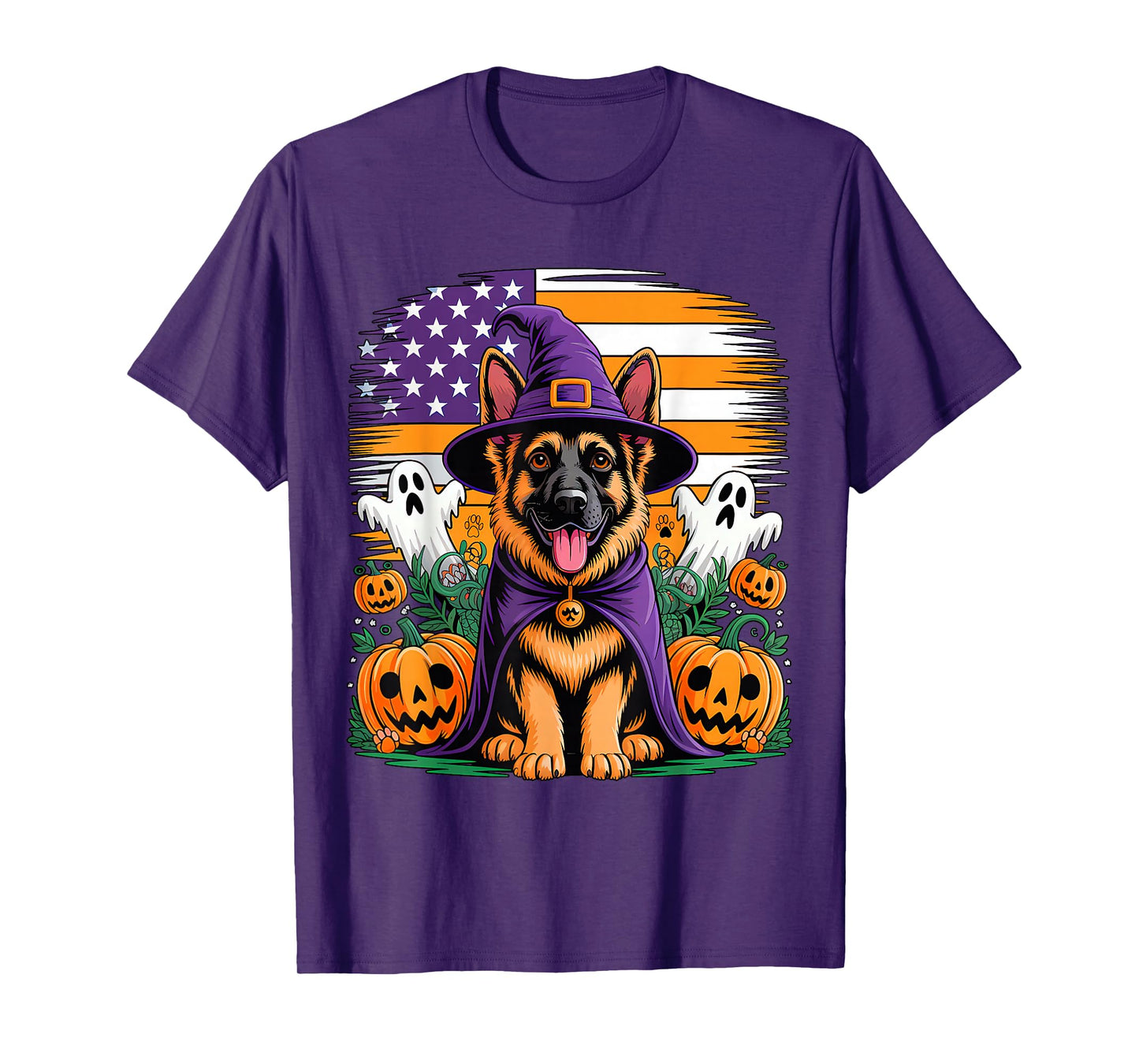 German Shepherd Cosplay Witch Halloween Owner Horror US Flag T-Shirt