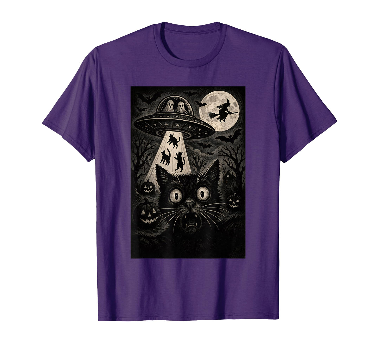 Halloween Cat Selfie Spooky Alien Abduction Cats UFO Flying T-Shirt