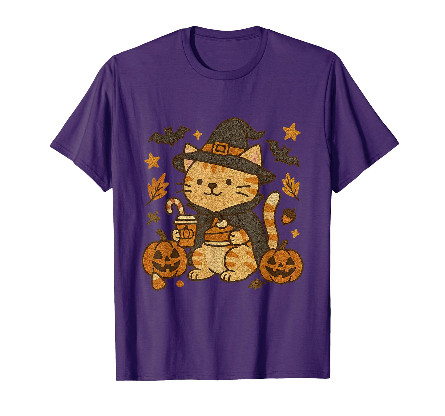 Witchy Cat with Pumpkin and Coffee Halloween Design T-Shirt
