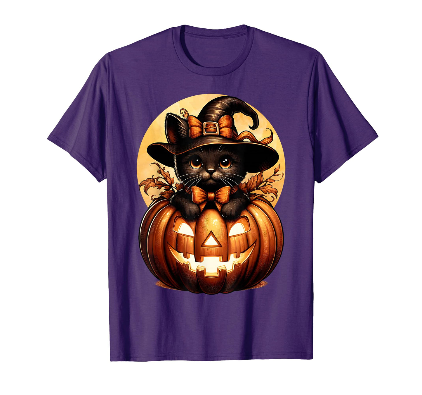 Black Cat Witch Hat Pumpkin Halloween Costume Fall Autumn T-Shirt