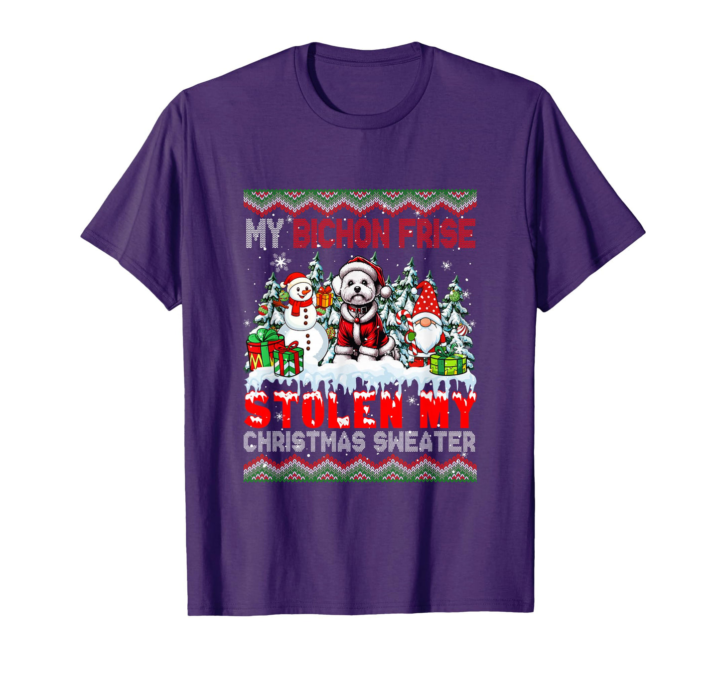 My Bichon Frise Stolen My Christmas Sweater Santa Dog Gnome T-Shirt