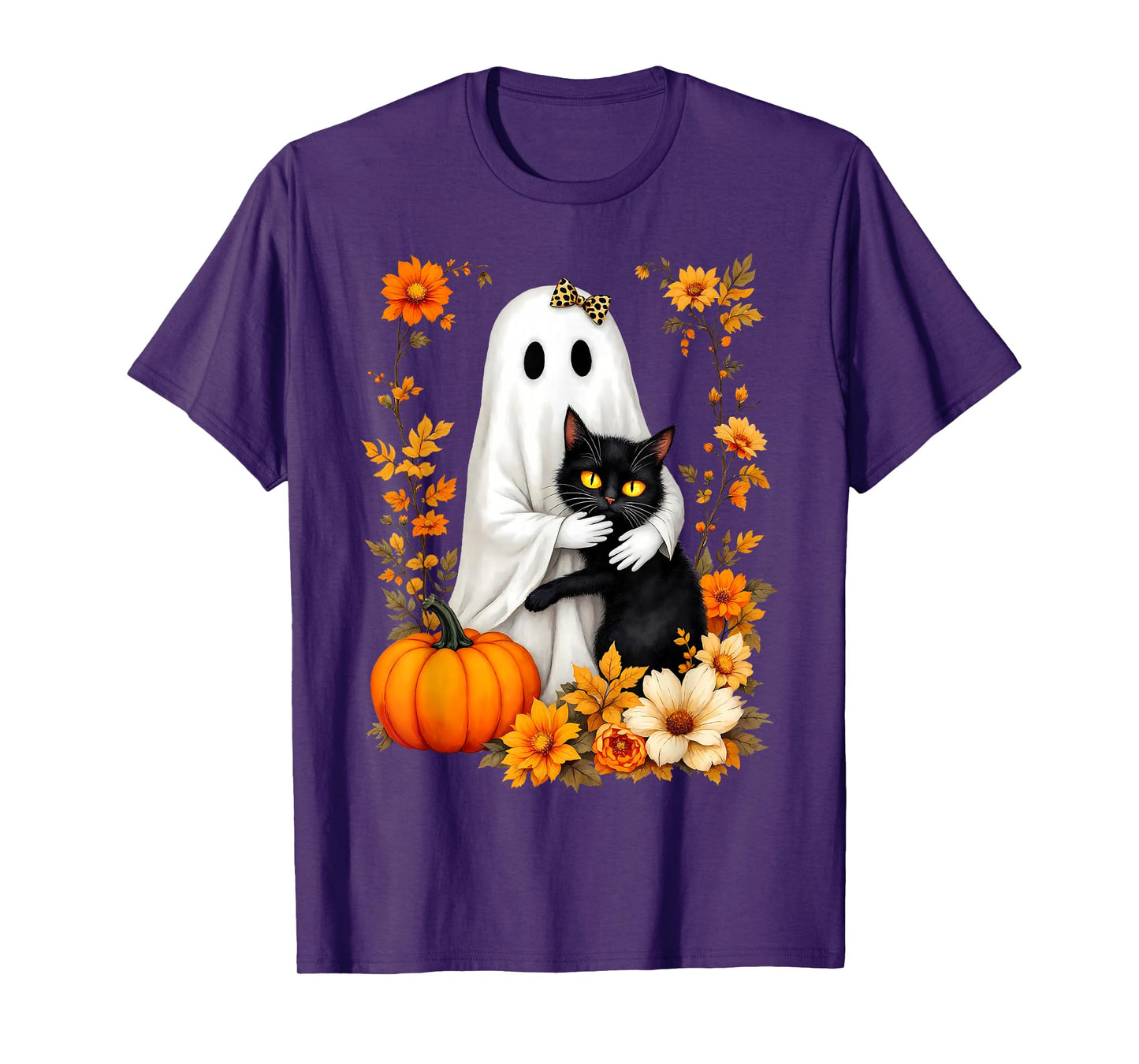 Ghost Hugging Black Cat Halloween Cats Lover Women Floral T-Shirt