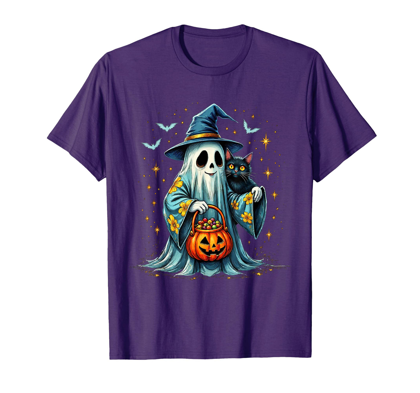 Ghost Holding Black Cat Lover Halloween 2025 Groovy Floral T-Shirt
