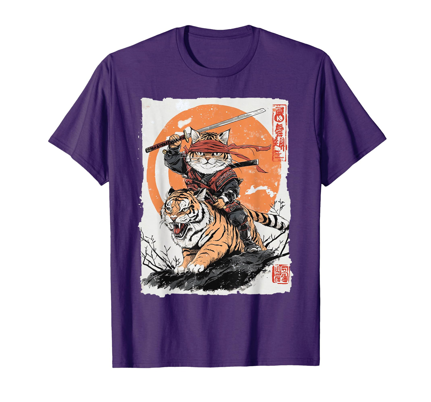 Ninja Cat Riding Tiger - Japanese Samurai Art Vintage Style T-Shirt for Men Women Kids