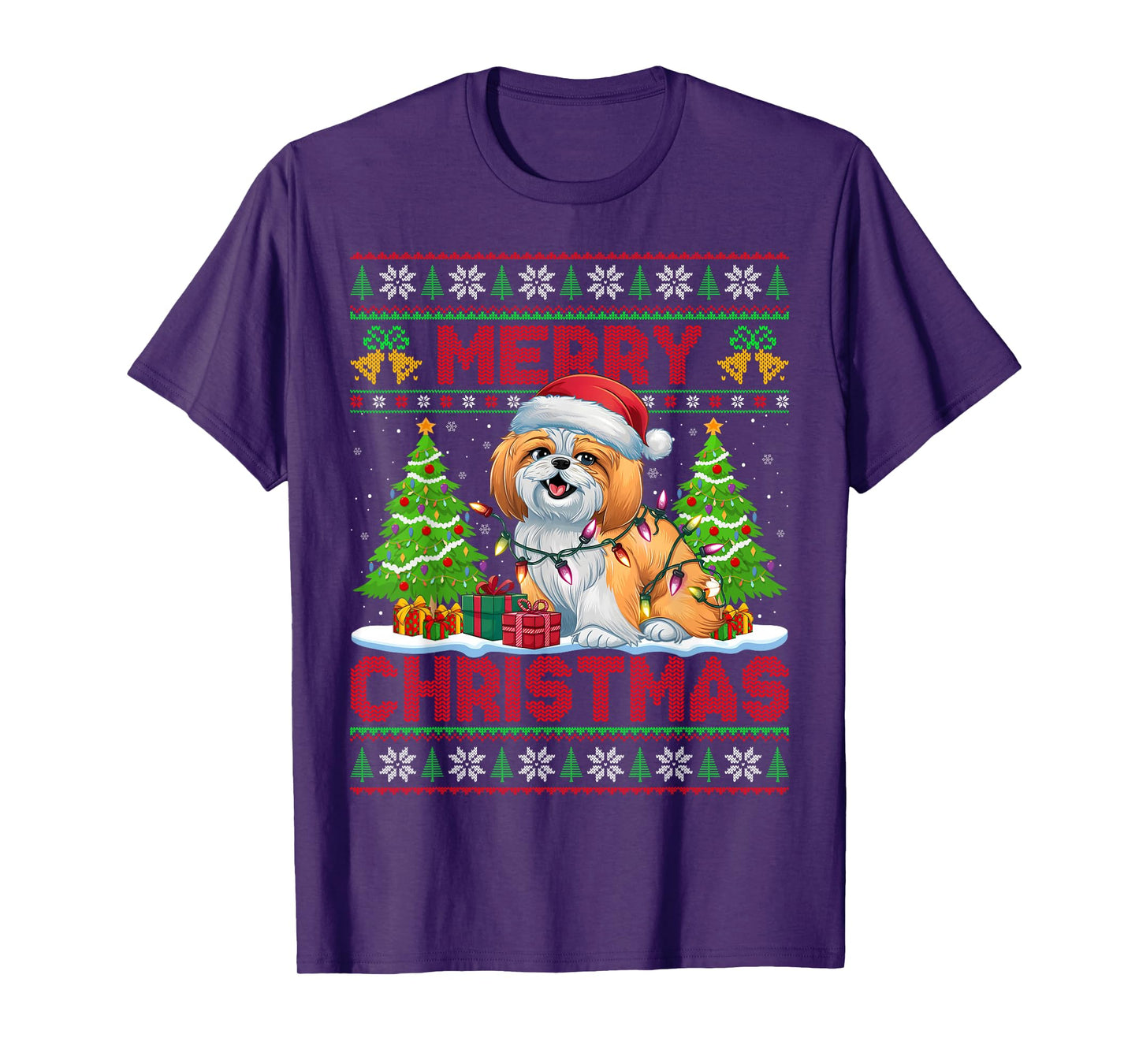 Shih Tzu Ugly Christmas Sweaters Funny Pet Dog Lights Xmas T-Shirt