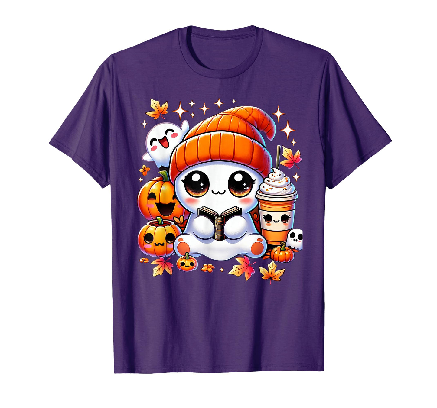 Cute Ghost Reading Book Pumpkins Fall Chocolate Halloween T-Shirt