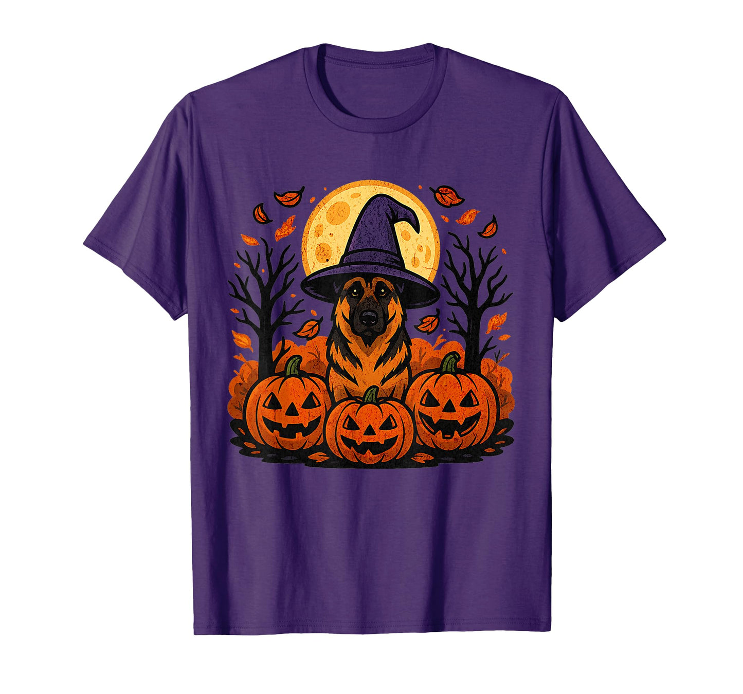 Halloween German Shepherd Witch Hat Pumpkins Autumn Leaves T-Shirt