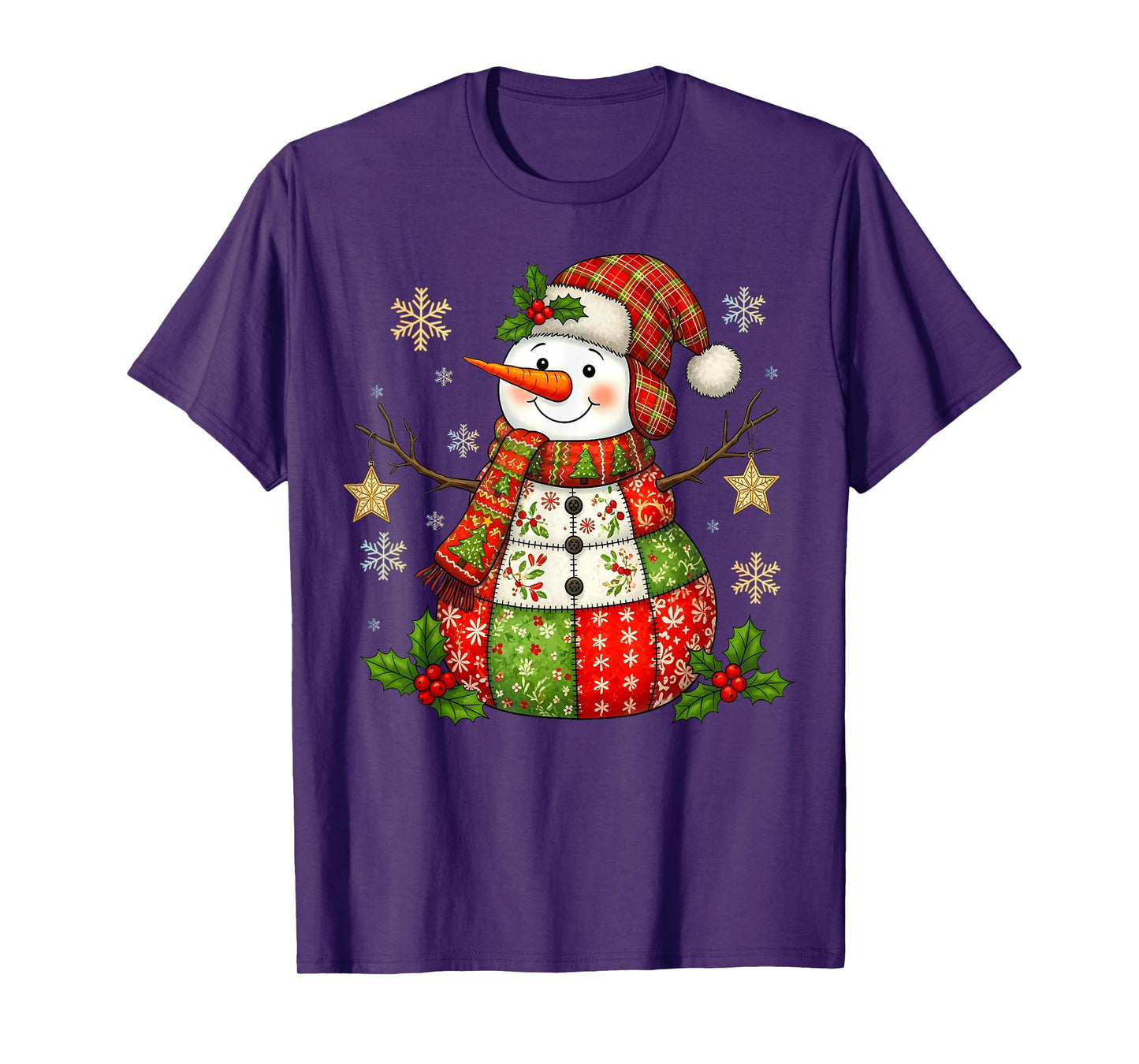 Funny Patchwork Christmas Snowman Tee Cute Women Men Kids T-Shirt