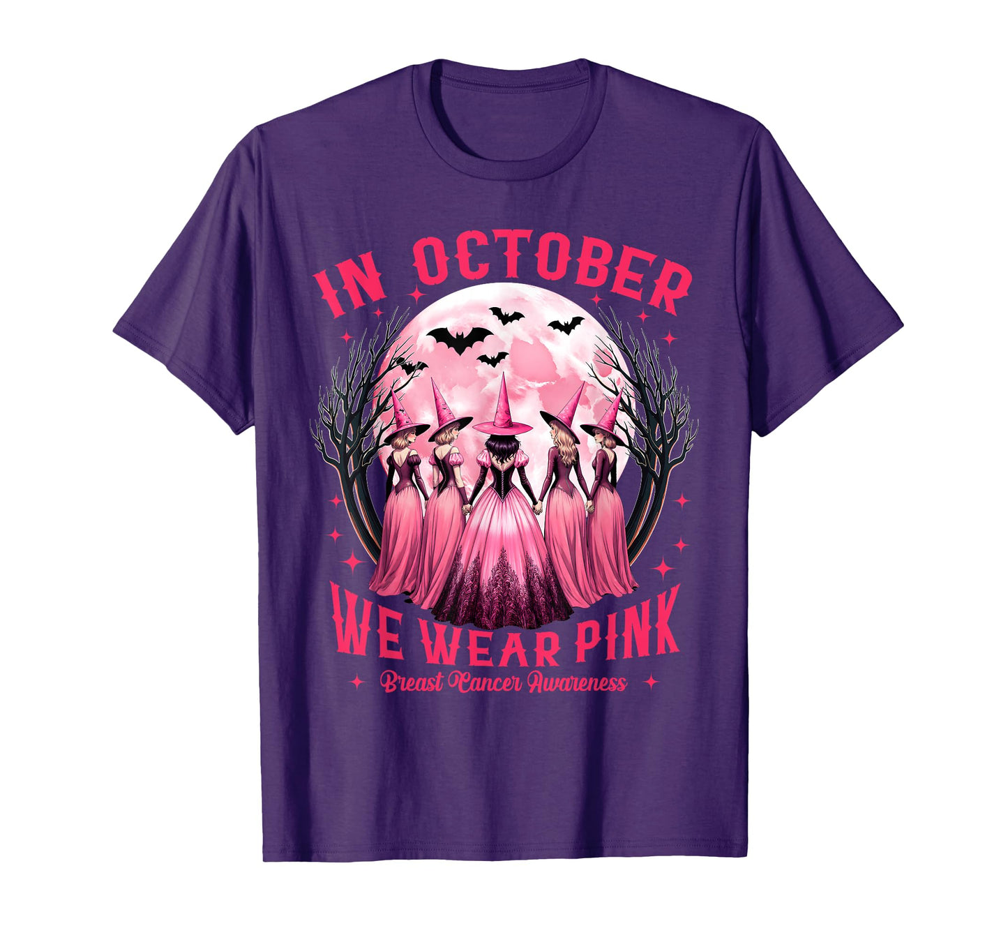 in October We Wear Pink Witch Halloween Breast Cancer Women T-Shirt