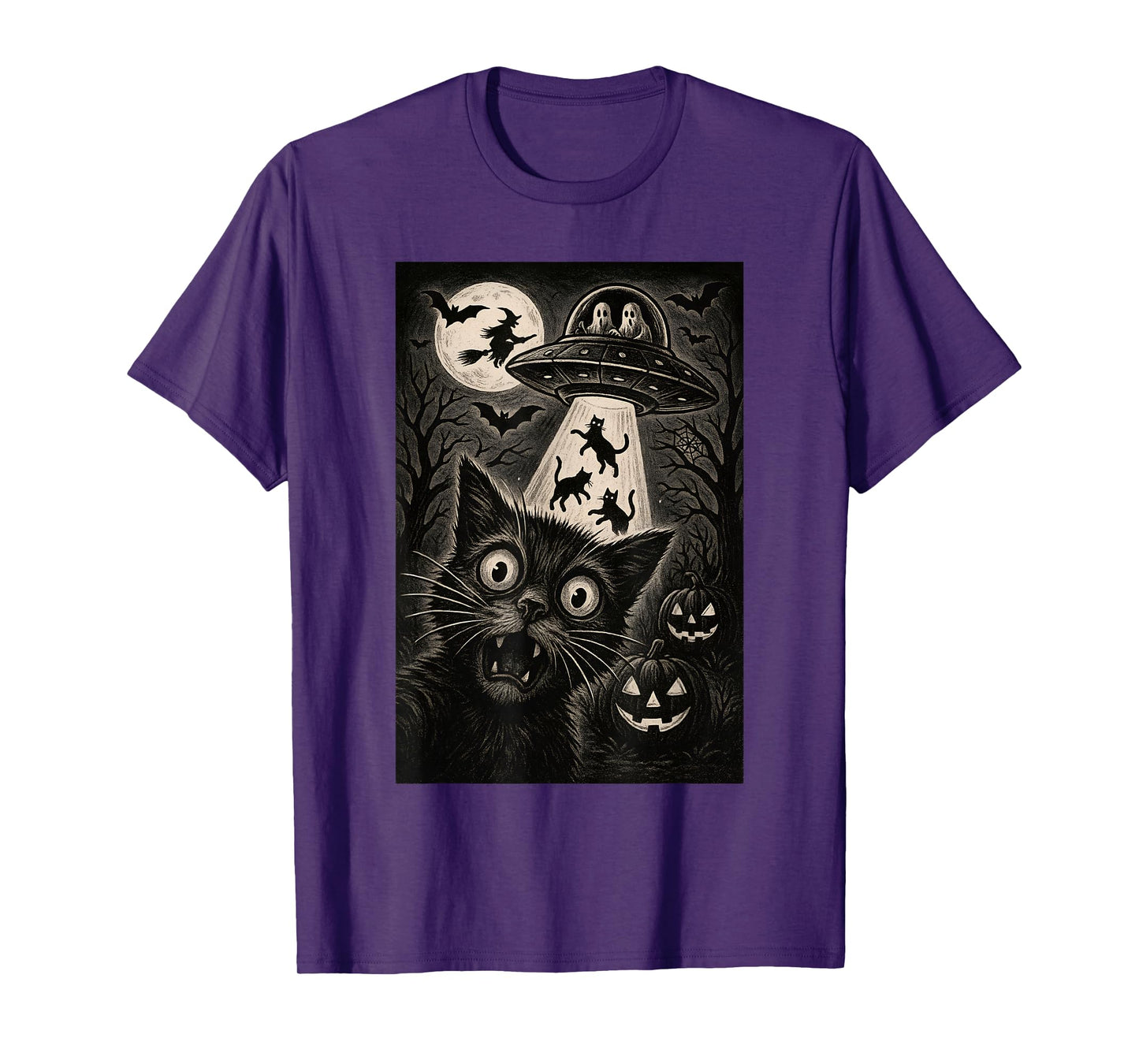 Halloween Cat Selfie Spooky Night Alien Abduction Cats UFO T-Shirt